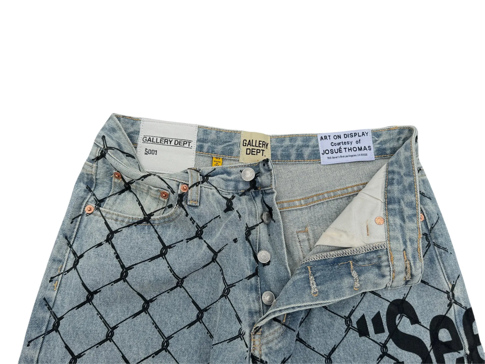 P240💰G786 GALLERY DEPT. Steel mesh letter printed slim jeans jeans casual group trendy American slim men's and women's trousers Color: blue Size: S-XXL (corresponding to 28-36)